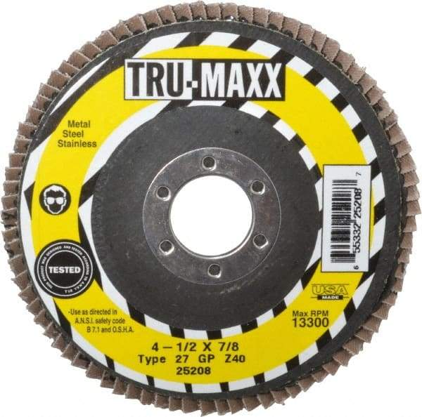 Tru-Maxx - 40 Grit, 4-1/2" Disc Diam, 7/8" Center Hole, Type 27 Zirconia Alumina Flap Disc - 13,300 Max RPM, Arbor Attaching System, Coated - Industrial Tool & Supply