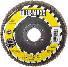 Tru-Maxx - 40 Grit, 4-1/2" Disc Diam, 7/8" Center Hole, Type 27 Zirconia Alumina Flap Disc - 13,300 Max RPM, Arbor Attaching System, Coated - Industrial Tool & Supply