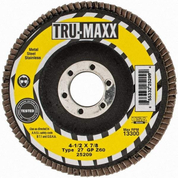 Tru-Maxx - 60 Grit, 4-1/2" Disc Diam, 7/8" Center Hole, Type 27 Zirconia Alumina Flap Disc - 13,300 Max RPM, Arbor Attaching System, Coated - Industrial Tool & Supply