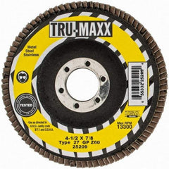 Tru-Maxx - 60 Grit, 4-1/2" Disc Diam, 7/8" Center Hole, Type 27 Zirconia Alumina Flap Disc - 13,300 Max RPM, Arbor Attaching System, Coated - Industrial Tool & Supply