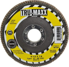Tru-Maxx - 80 Grit, 4-1/2" Disc Diam, 7/8" Center Hole, Type 27 Zirconia Alumina Flap Disc - 13,300 Max RPM, Arbor Attaching System, Coated - Industrial Tool & Supply