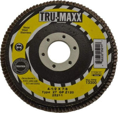 Tru-Maxx - 120 Grit, 4-1/2" Disc Diam, 7/8" Center Hole, Type 27 Zirconia Alumina Flap Disc - 13,300 Max RPM, Arbor Attaching System, Coated - Industrial Tool & Supply
