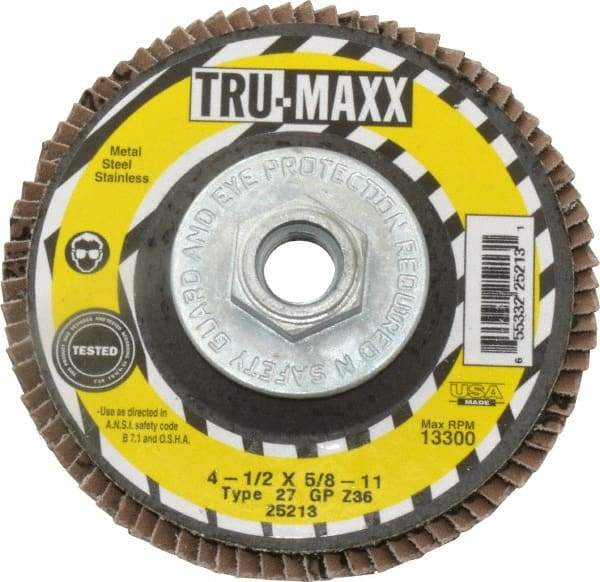 Tru-Maxx - 36 Grit, 4-1/2" Disc Diam, 5/8-11 Center Hole, Type 27 Zirconia Alumina Flap Disc - 13,300 Max RPM, Arbor Attaching System, Coated - Industrial Tool & Supply
