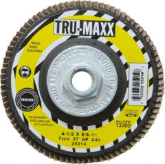 Tru-Maxx - 40 Grit, 4-1/2" Disc Diam, 5/8-11 Center Hole, Type 27 Zirconia Alumina Flap Disc - 13,300 Max RPM, Arbor Attaching System, Coated - Industrial Tool & Supply
