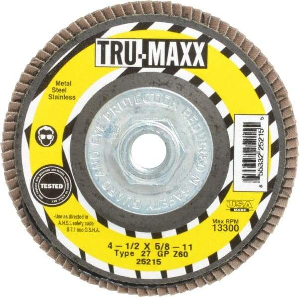 Tru-Maxx - 60 Grit, 4-1/2" Disc Diam, 5/8-11 Center Hole, Type 27 Zirconia Alumina Flap Disc - 13,300 Max RPM, Arbor Attaching System, Coated - Industrial Tool & Supply