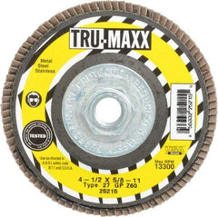 Tru-Maxx - 60 Grit, 4-1/2" Disc Diam, 5/8-11 Center Hole, Type 27 Zirconia Alumina Flap Disc - 13,300 Max RPM, Arbor Attaching System, Coated - Industrial Tool & Supply