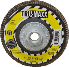 Tru-Maxx - 80 Grit, 4-1/2" Disc Diam, 5/8-11 Center Hole, Type 27 Zirconia Alumina Flap Disc - 13,300 Max RPM, Arbor Attaching System, Coated - Industrial Tool & Supply