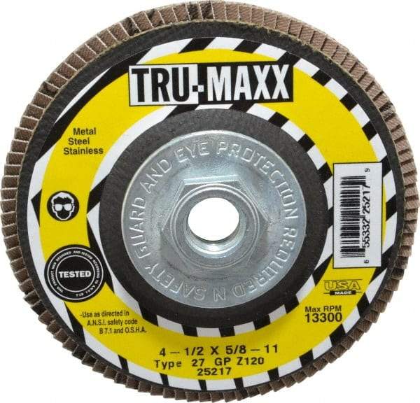 Tru-Maxx - 120 Grit, 4-1/2" Disc Diam, 5/8-11 Center Hole, Type 27 Zirconia Alumina Flap Disc - 13,300 Max RPM, Arbor Attaching System, Coated - Industrial Tool & Supply