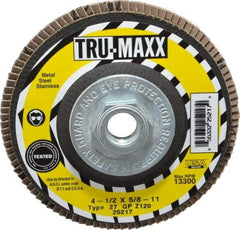 Tru-Maxx - 120 Grit, 4-1/2" Disc Diam, 5/8-11 Center Hole, Type 27 Zirconia Alumina Flap Disc - 13,300 Max RPM, Arbor Attaching System, Coated - Industrial Tool & Supply