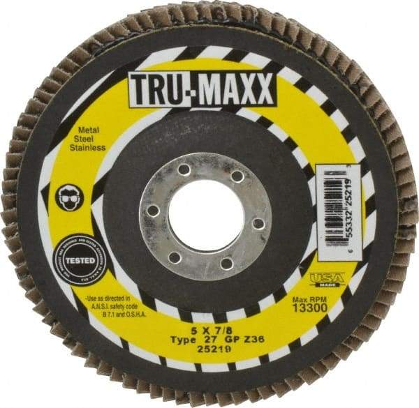 Tru-Maxx - 36 Grit, 5" Disc Diam, 7/8" Center Hole, Type 27 Zirconia Alumina Flap Disc - 12,200 Max RPM, Arbor Attaching System, Coated - Industrial Tool & Supply