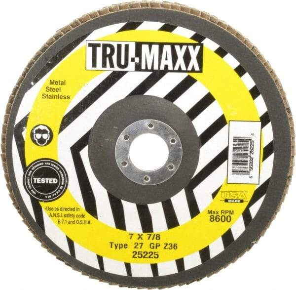 Tru-Maxx - 36 Grit, 7" Disc Diam, 7/8" Center Hole, Type 27 Zirconia Alumina Flap Disc - 8,600 Max RPM, Arbor Attaching System, Coated - Industrial Tool & Supply