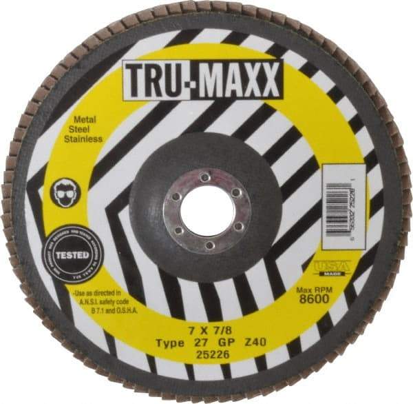 Tru-Maxx - 40 Grit, 7" Disc Diam, 7/8" Center Hole, Type 27 Zirconia Alumina Flap Disc - 8,600 Max RPM, Arbor Attaching System, Coated - Industrial Tool & Supply