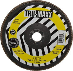 Tru-Maxx - 80 Grit, 7" Disc Diam, 7/8" Center Hole, Type 27 Zirconia Alumina Flap Disc - 8,600 Max RPM, Arbor Attaching System, Coated - Industrial Tool & Supply