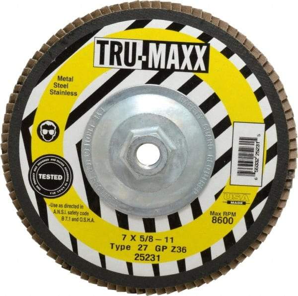 Tru-Maxx - 36 Grit, 7" Disc Diam, 5/8-11 Center Hole, Type 27 Zirconia Alumina Flap Disc - 8,600 Max RPM, Arbor Attaching System, Coated - Industrial Tool & Supply