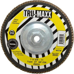 Tru-Maxx - 36 Grit, 7" Disc Diam, 5/8-11 Center Hole, Type 27 Zirconia Alumina Flap Disc - 8,600 Max RPM, Arbor Attaching System, Coated - Industrial Tool & Supply