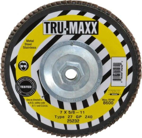 Tru-Maxx - 40 Grit, 7" Disc Diam, 5/8-11 Center Hole, Type 27 Zirconia Alumina Flap Disc - 8,600 Max RPM, Arbor Attaching System, Coated - Industrial Tool & Supply
