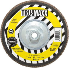 Tru-Maxx - 60 Grit, 7" Disc Diam, 5/8-11 Center Hole, Type 27 Zirconia Alumina Flap Disc - 8,600 Max RPM, Arbor Attaching System, Coated - Industrial Tool & Supply