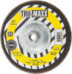 Tru-Maxx - 120 Grit, 7" Disc Diam, 5/8-11 Center Hole, Type 27 Zirconia Alumina Flap Disc - 8,600 Max RPM, Arbor Attaching System, Coated - Industrial Tool & Supply