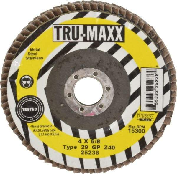 Tru-Maxx - 40 Grit, 4" Disc Diam, 5/8" Center Hole, Type 29 Zirconia Alumina Flap Disc - 15,300 Max RPM, Arbor Attaching System, Coated - Industrial Tool & Supply