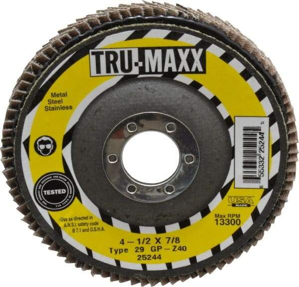 Tru-Maxx - 40 Grit, 4-1/2" Disc Diam, 7/8" Center Hole, Type 29 Zirconia Alumina Flap Disc - 13,300 Max RPM, Arbor Attaching System, Coated - Industrial Tool & Supply