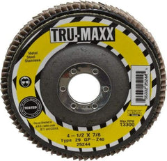 Tru-Maxx - 40 Grit, 4-1/2" Disc Diam, 7/8" Center Hole, Type 29 Zirconia Alumina Flap Disc - 13,300 Max RPM, Arbor Attaching System, Coated - Industrial Tool & Supply