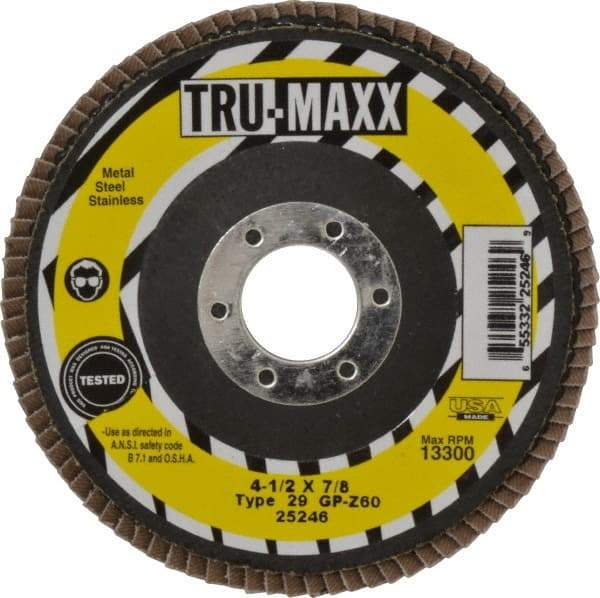 Tru-Maxx - 60 Grit, 4-1/2" Disc Diam, 7/8" Center Hole, Type 29 Zirconia Alumina Flap Disc - 13,300 Max RPM, Arbor Attaching System, Coated - Industrial Tool & Supply