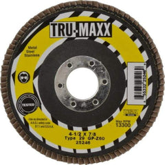 Tru-Maxx - 60 Grit, 4-1/2" Disc Diam, 7/8" Center Hole, Type 29 Zirconia Alumina Flap Disc - 13,300 Max RPM, Arbor Attaching System, Coated - Industrial Tool & Supply