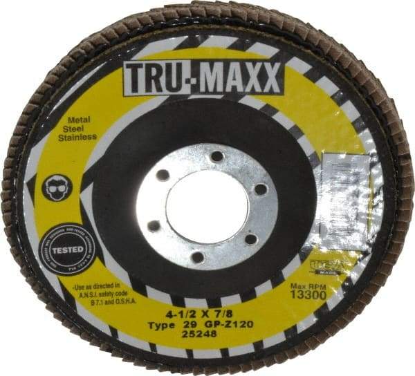 Tru-Maxx - 120 Grit, 4-1/2" Disc Diam, 7/8" Center Hole, Type 29 Zirconia Alumina Flap Disc - 13,300 Max RPM, Arbor Attaching System, Coated - Industrial Tool & Supply