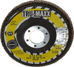 Tru-Maxx - 120 Grit, 4-1/2" Disc Diam, 7/8" Center Hole, Type 29 Zirconia Alumina Flap Disc - 13,300 Max RPM, Arbor Attaching System, Coated - Industrial Tool & Supply