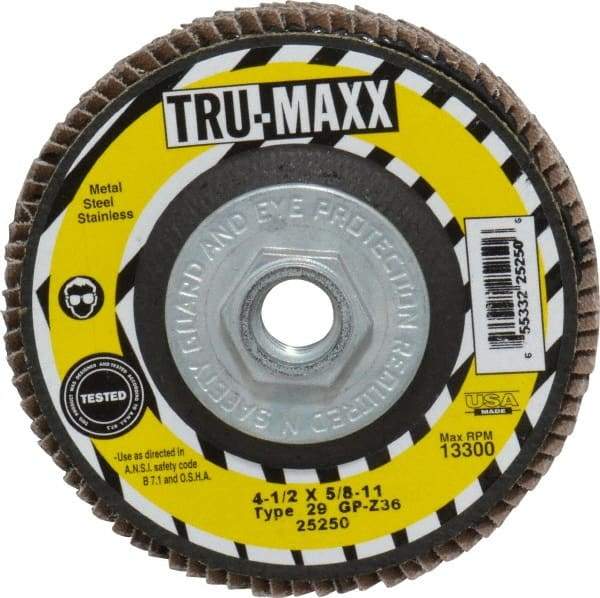 Tru-Maxx - 36 Grit, 4-1/2" Disc Diam, 5/8-11 Center Hole, Type 29 Zirconia Alumina Flap Disc - 13,300 Max RPM, Arbor Attaching System, Coated - Industrial Tool & Supply