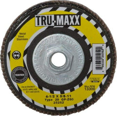 Tru-Maxx - 60 Grit, 4-1/2" Disc Diam, 5/8-11 Center Hole, Type 29 Zirconia Alumina Flap Disc - 13,300 Max RPM, Arbor Attaching System, Coated - Industrial Tool & Supply