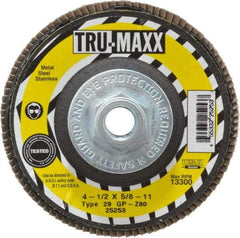 Tru-Maxx - 80 Grit, 4-1/2" Disc Diam, 5/8-11 Center Hole, Type 29 Zirconia Alumina Flap Disc - 13,300 Max RPM, Arbor Attaching System, Coated - Industrial Tool & Supply