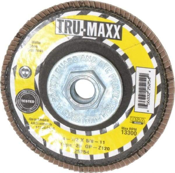 Tru-Maxx - 120 Grit, 4-1/2" Disc Diam, 5/8-11 Center Hole, Type 29 Zirconia Alumina Flap Disc - 13,300 Max RPM, Arbor Attaching System, Coated - Industrial Tool & Supply