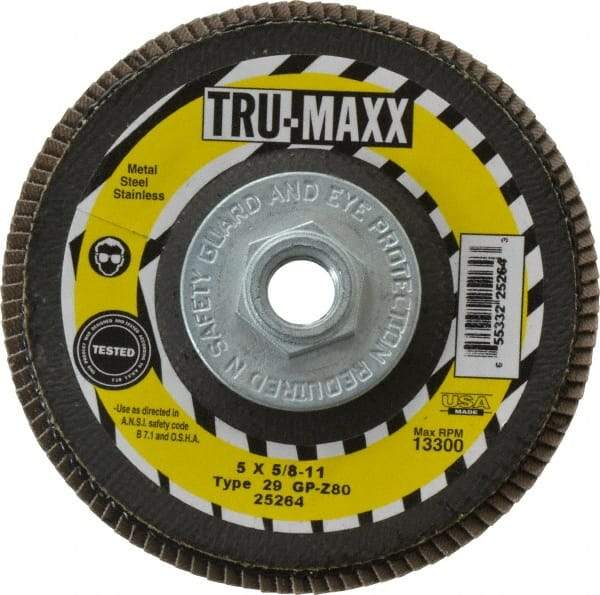 Tru-Maxx - 80 Grit, 5" Disc Diam, 5/8-11 Center Hole, Type 29 Zirconia Alumina Flap Disc - 12,200 Max RPM, Arbor Attaching System, Coated - Industrial Tool & Supply