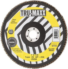 Tru-Maxx - 36 Grit, 7" Disc Diam, 7/8" Center Hole, Type 29 Zirconia Alumina Flap Disc - 8,600 Max RPM, Arbor Attaching System, Coated - Industrial Tool & Supply