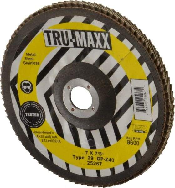 Tru-Maxx - 40 Grit, 7" Disc Diam, 7/8" Center Hole, Type 29 Zirconia Alumina Flap Disc - 8,600 Max RPM, Arbor Attaching System, Coated - Industrial Tool & Supply