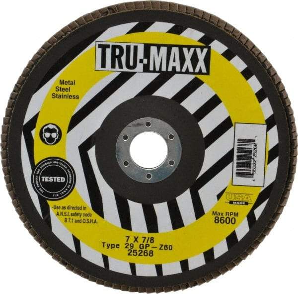 Tru-Maxx - 60 Grit, 7" Disc Diam, 7/8" Center Hole, Type 29 Zirconia Alumina Flap Disc - 8,600 Max RPM, Arbor Attaching System, Coated - Industrial Tool & Supply