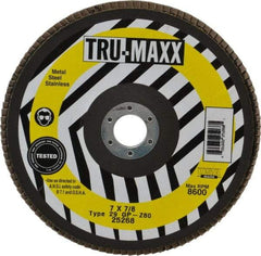 Tru-Maxx - 60 Grit, 7" Disc Diam, 7/8" Center Hole, Type 29 Zirconia Alumina Flap Disc - 8,600 Max RPM, Arbor Attaching System, Coated - Industrial Tool & Supply