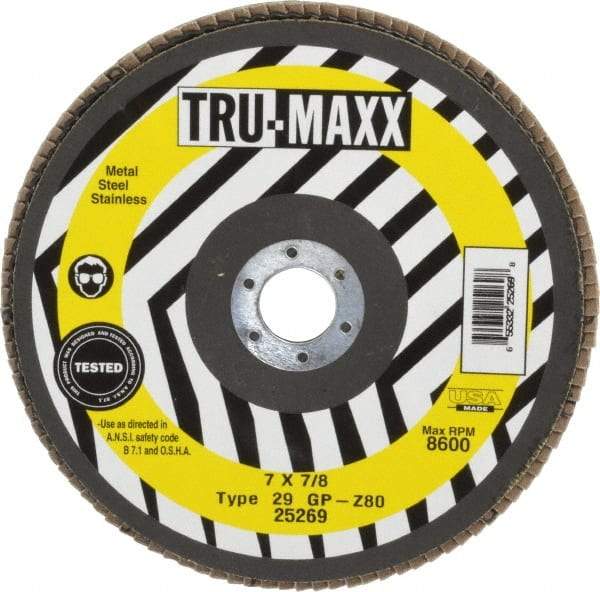 Tru-Maxx - 80 Grit, 7" Disc Diam, 7/8" Center Hole, Type 29 Zirconia Alumina Flap Disc - 8,600 Max RPM, Arbor Attaching System, Coated - Industrial Tool & Supply