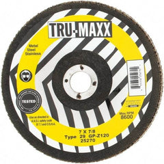 Tru-Maxx - 120 Grit, 7" Disc Diam, 7/8" Center Hole, Type 29 Zirconia Alumina Flap Disc - 8,600 Max RPM, Arbor Attaching System, Coated - Industrial Tool & Supply
