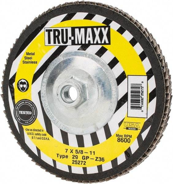 Tru-Maxx - 36 Grit, 7" Disc Diam, 5/8-11 Center Hole, Type 29 Zirconia Alumina Flap Disc - 8,600 Max RPM, Arbor Attaching System, Coated - Industrial Tool & Supply