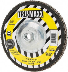 Tru-Maxx - 36 Grit, 7" Disc Diam, 5/8-11 Center Hole, Type 29 Zirconia Alumina Flap Disc - 8,600 Max RPM, Arbor Attaching System, Coated - Industrial Tool & Supply