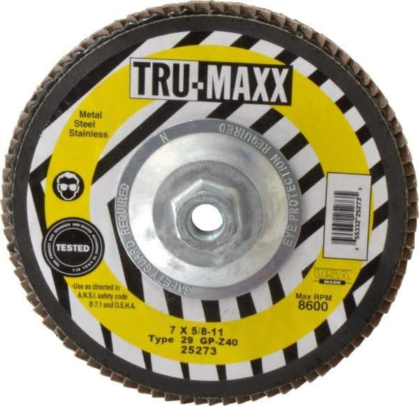 Tru-Maxx - 40 Grit, 7" Disc Diam, 5/8-11 Center Hole, Type 29 Zirconia Alumina Flap Disc - 8,600 Max RPM, Arbor Attaching System, Coated - Industrial Tool & Supply