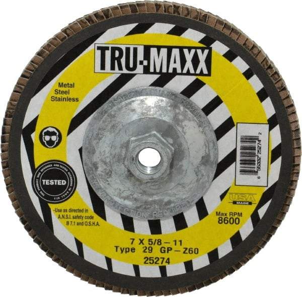 Tru-Maxx - 60 Grit, 7" Disc Diam, 5/8-11 Center Hole, Type 29 Zirconia Alumina Flap Disc - 8,600 Max RPM, Arbor Attaching System, Coated - Industrial Tool & Supply