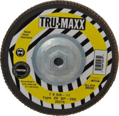 Tru-Maxx - 80 Grit, 7" Disc Diam, 5/8-11 Center Hole, Type 29 Zirconia Alumina Flap Disc - 8,600 Max RPM, Arbor Attaching System, Coated - Industrial Tool & Supply