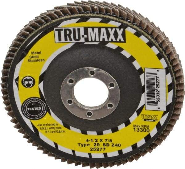 Tru-Maxx - 40 Grit, 4-1/2" Disc Diam, 7/8" Center Hole, Type 29 Zirconia Alumina Flap Disc - 13,300 Max RPM, Arbor Attaching System, Coated - Industrial Tool & Supply