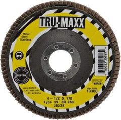 Tru-Maxx - 60 Grit, 4-1/2" Disc Diam, 7/8" Center Hole, Type 29 Zirconia Alumina Flap Disc - 13,300 Max RPM, Arbor Attaching System, Coated - Industrial Tool & Supply