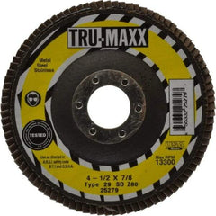 Tru-Maxx - 80 Grit, 4-1/2" Disc Diam, 7/8" Center Hole, Type 29 Zirconia Alumina Flap Disc - 13,300 Max RPM, Arbor Attaching System, Coated - Industrial Tool & Supply