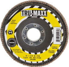 Tru-Maxx - 120 Grit, 4-1/2" Disc Diam, 7/8" Center Hole, Type 29 Zirconia Alumina Flap Disc - 13,300 Max RPM, Arbor Attaching System, Coated - Industrial Tool & Supply