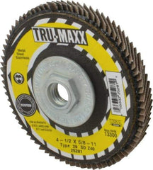Tru-Maxx - 40 Grit, 4-1/2" Disc Diam, 5/8-11 Center Hole, Type 29 Zirconia Alumina Flap Disc - 13,300 Max RPM, Arbor Attaching System, Coated - Industrial Tool & Supply